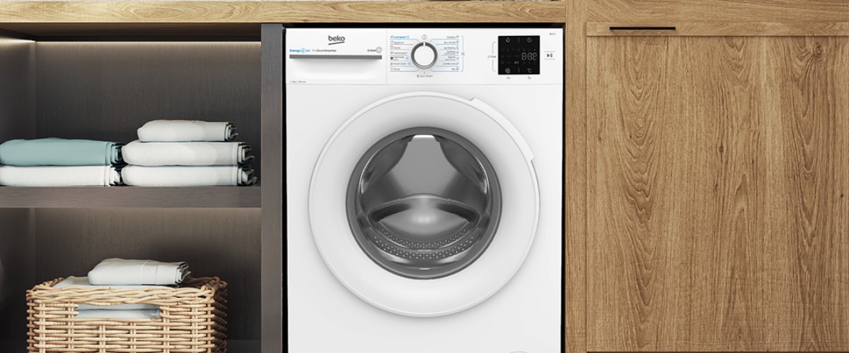 Beko eestlaetav pesumasin köögimööbli vahel, kompaktne ja ruumisäästlik lahendus