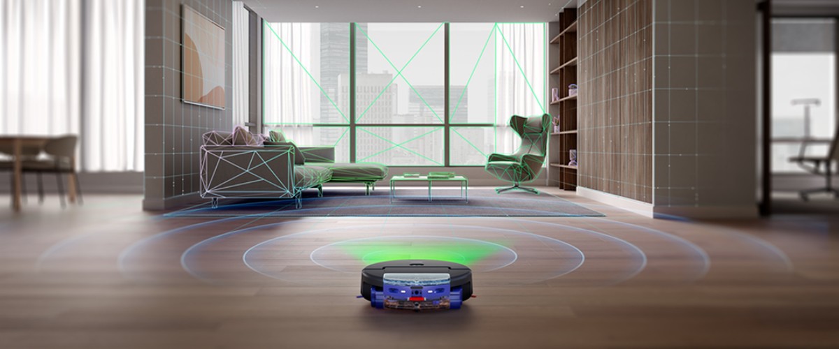 Dyson Spot+Scrub AI robottolmuimeja navigeerib toas kasutades täpset 3D kaardistamist ja takistuste vältimise tehnoloogiat