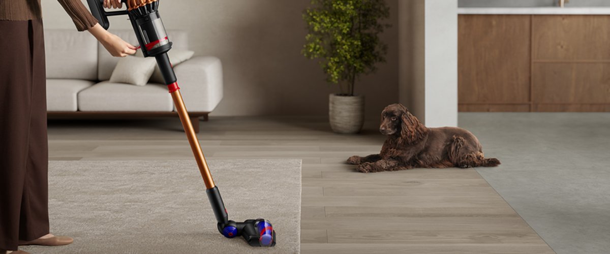 Dyson V16 Piston Animal беспроводной пылесос с трубкой очищает ковер в гостиной, пока собака спокойно лежит на полу рядом
