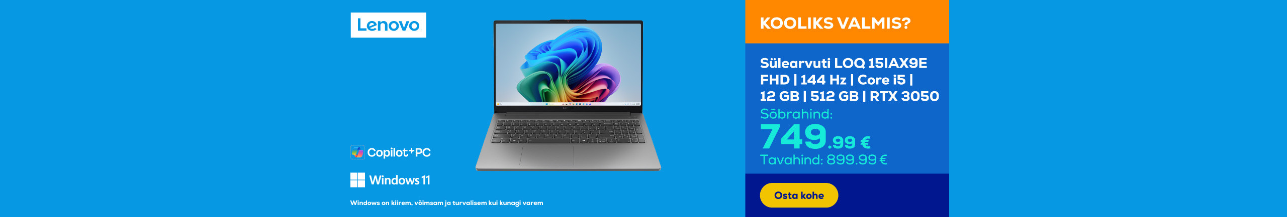 Sülearvuti LOQ 15IAX9E | FHD | 144 Hz | Core i5 | 12 GB | 512 GB | RTX 3050