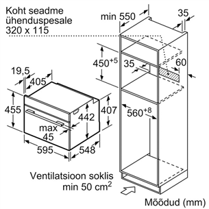 Bosch, mikrolainefunktsiooniga, 45 L, roostevaba teras/must - Integreeritav kompaktahi