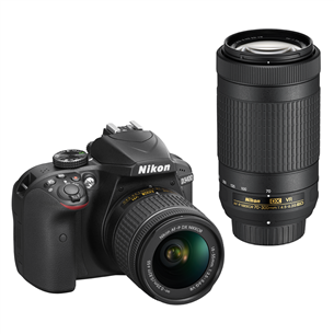 DSLR camera Nikon D3400 + NIKKOR 18-55mm ja 70-300 mm lenses
