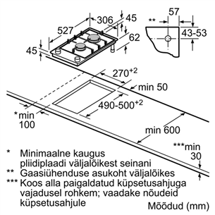 Bosch Domino, 2 keeduala, laius 30,6 cm, must - Integreeritav gaasipliidiplaat