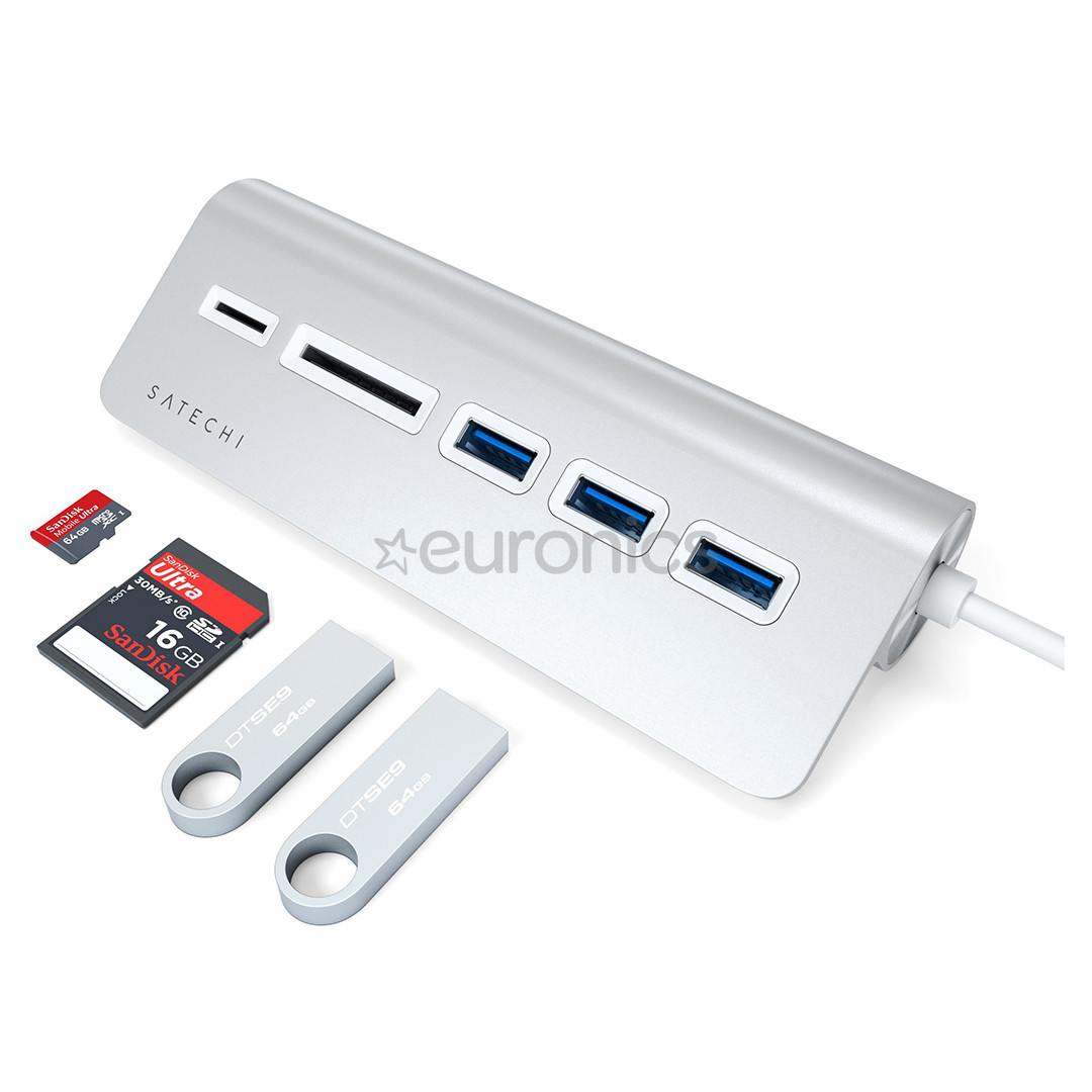 Satechi, Хаб USB-C + считыватель карты памяти, серый/белый - Адаптер
