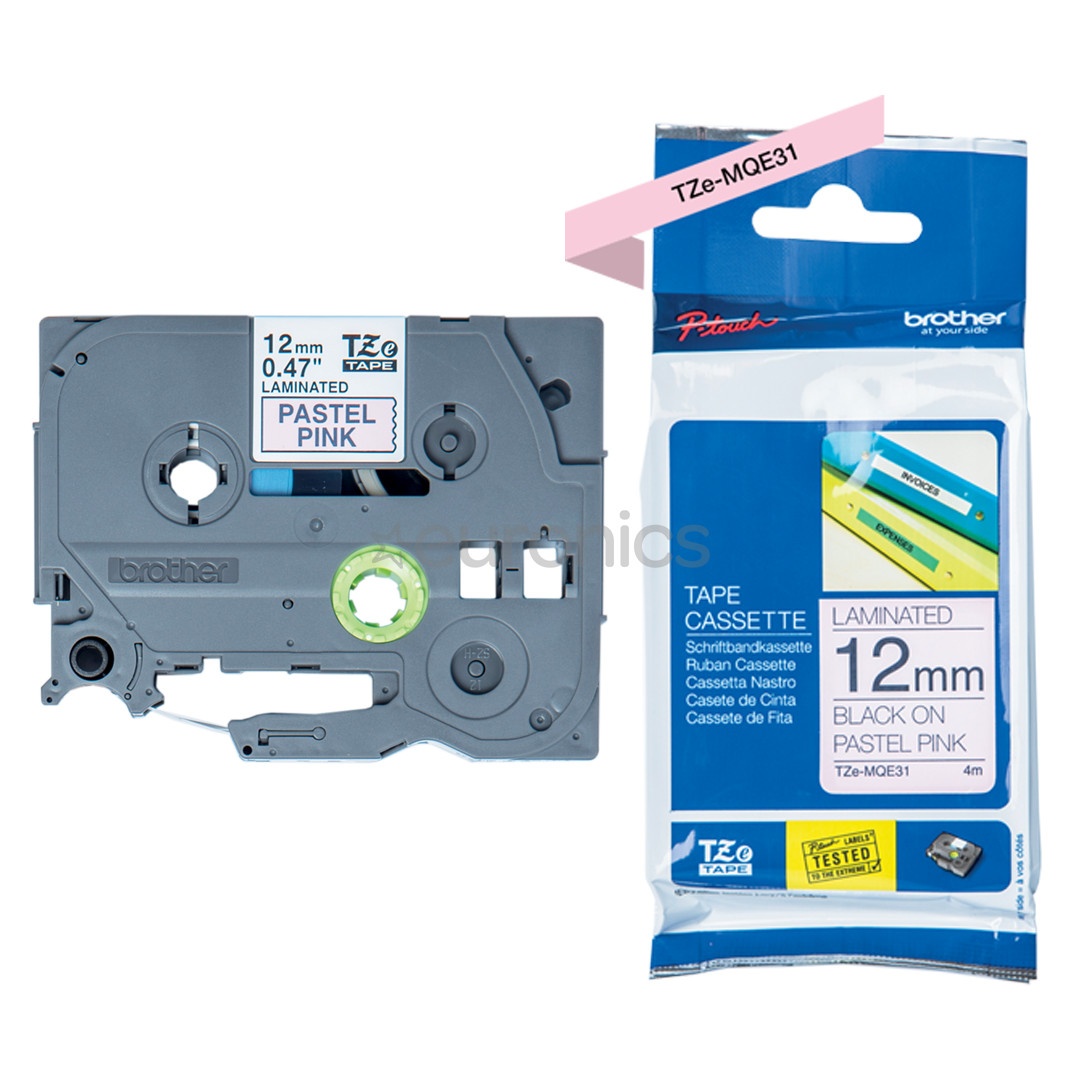 Labelling tape black on pastel pink background 4m x 12mm, Brother