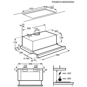 AEG, 280 m³/h, inox - Built-in cooker hood