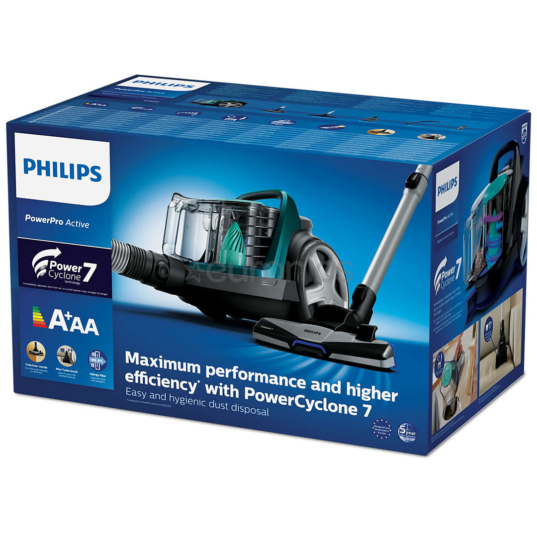 Philips PowerPro Active, 900 Вт, без мешка, черный/зеленый - Пылесос