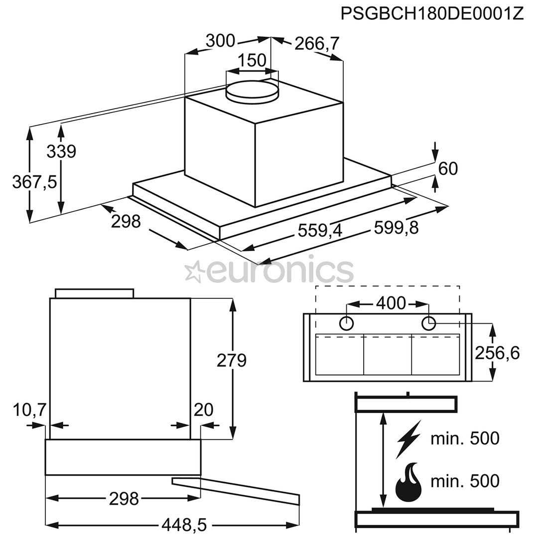 Electrolux, 600 m³/h, laius 56 cm, roostevaba teras - Integreeritav õhupuhasti