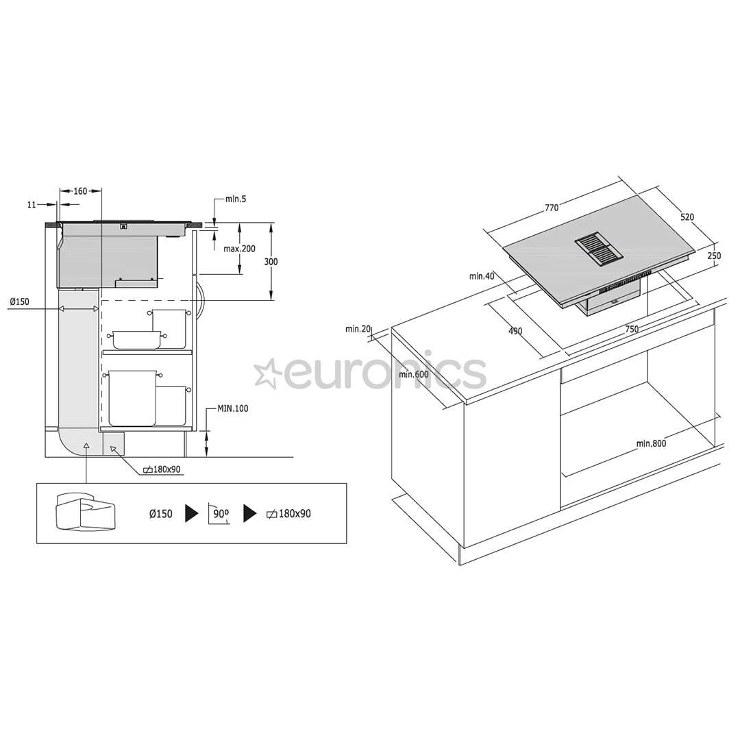 Cata, width 77 cm, frameless, black - Built-in Induction Hob with Cooker Hood