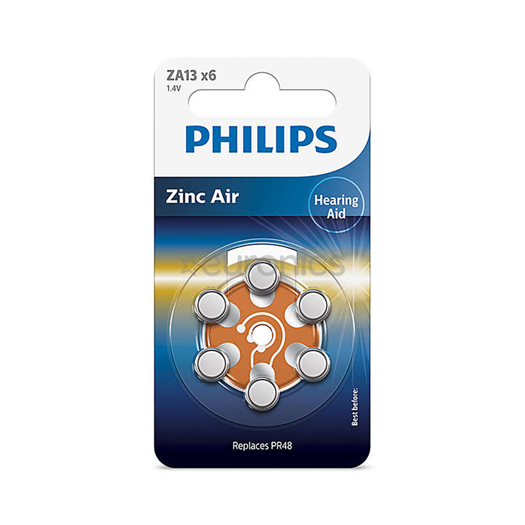 6 x Patarei Philips ZA13 1.4 V 6 Zinc Air (PR48)