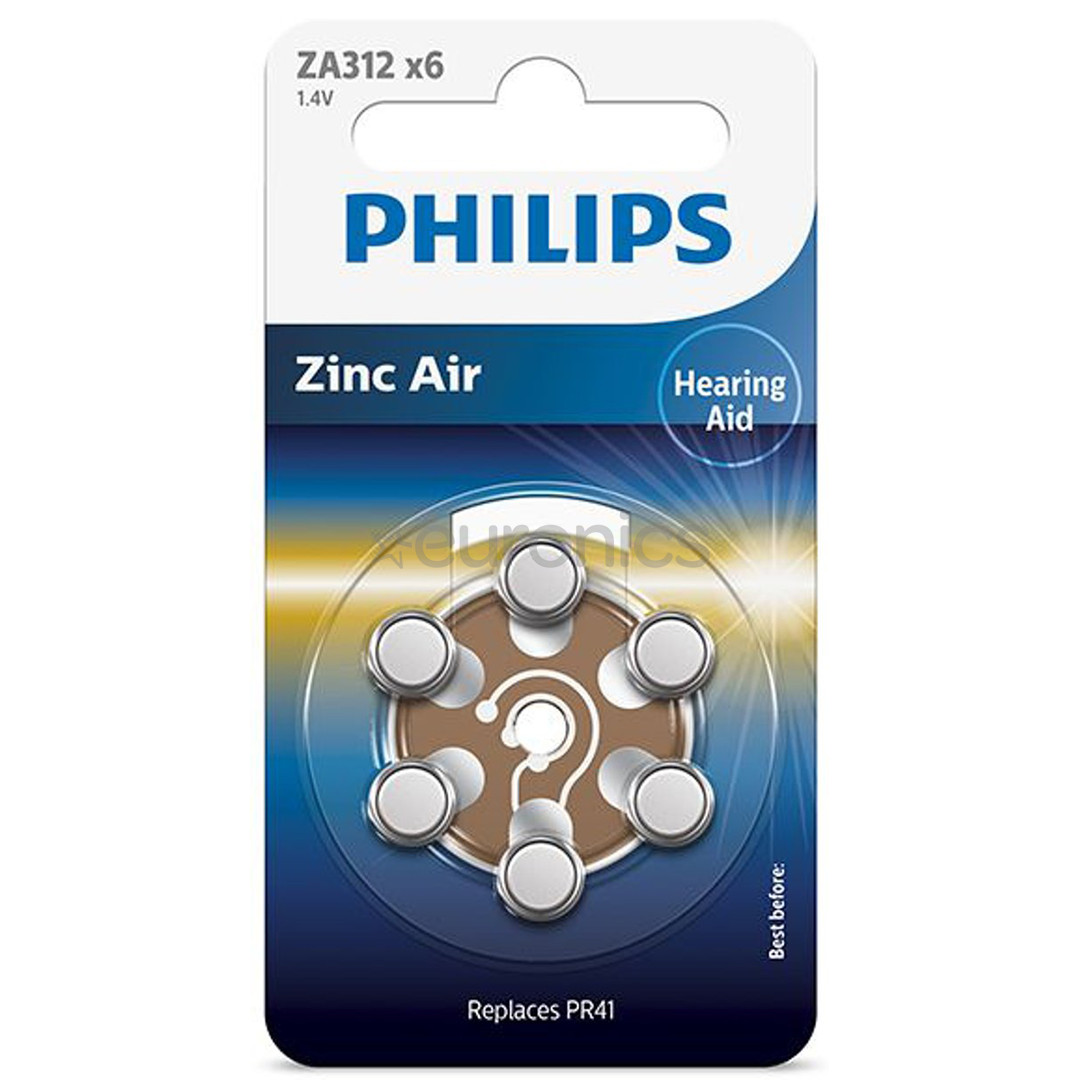 6 x Patarei Philips ZA312 1.4 V Zinc Air (PR41)