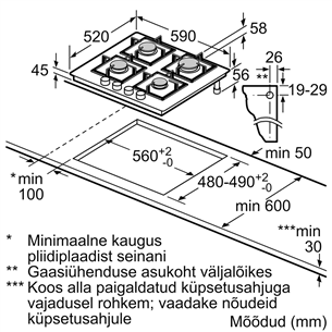 Bosch, laius 59 cm, must - Integreeritav gaasipliidiplaat