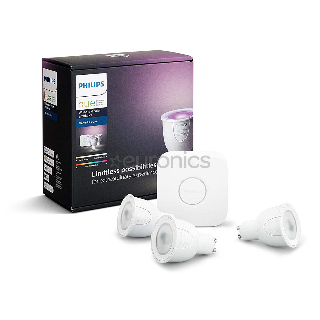 Philips Hue White and Color Ambiance, GU10, 3 tk + sild, valge - Nutivalgusti komplekt