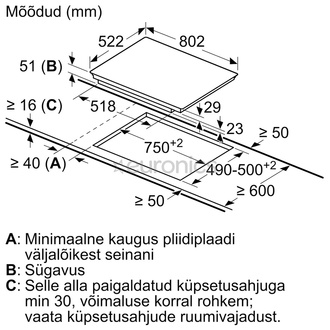 Bosch, 3 keeduala, laius 80,2 cm, raamita, must - Integreeritav induktsioonpliidiplaat
