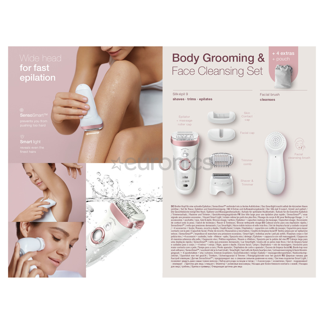 Braun Silk-epil 9 SensoSmart, valge - Epilaator + Näopuhastushari