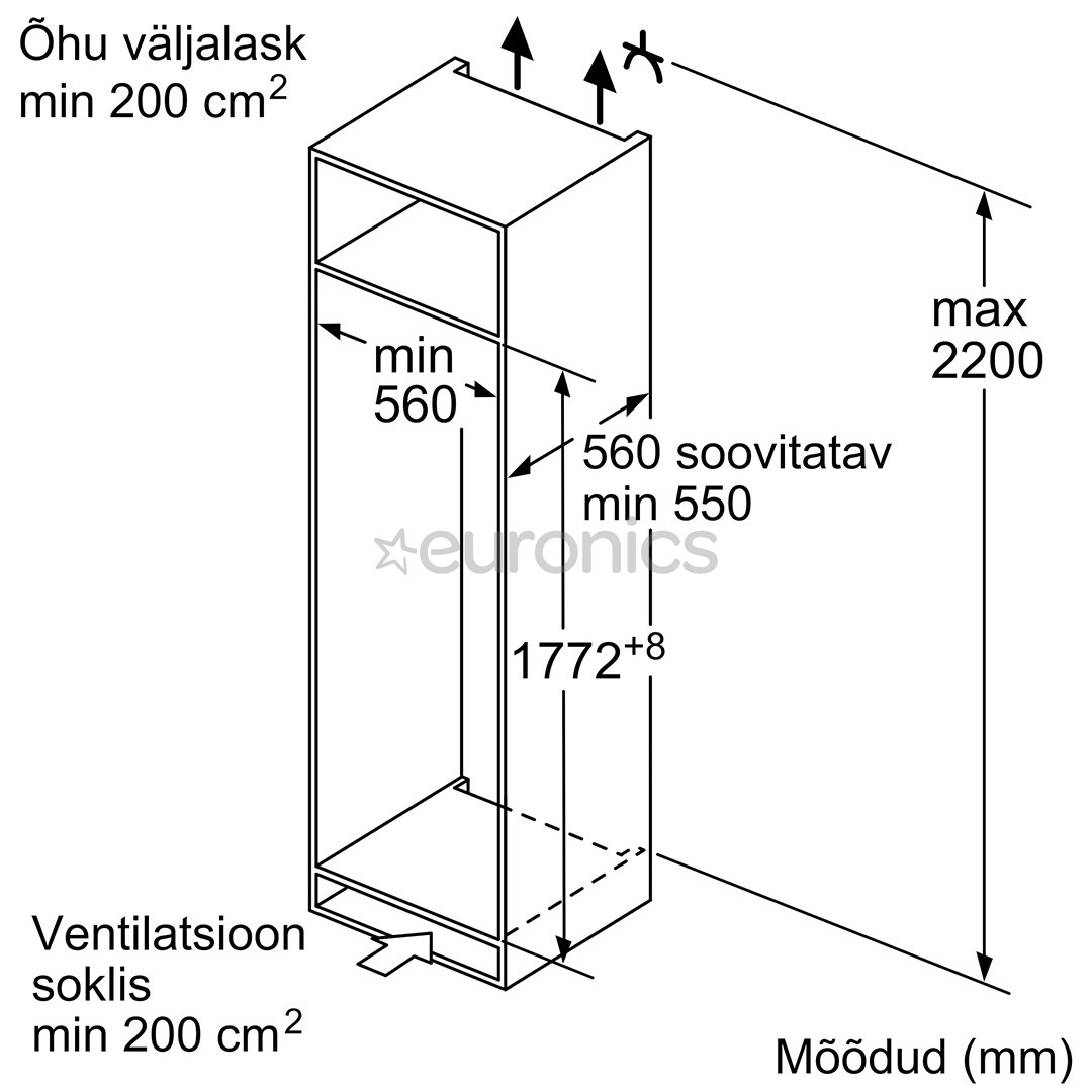 Bosch, 286 L, kõrgus 178 cm - Integreeritav külmik