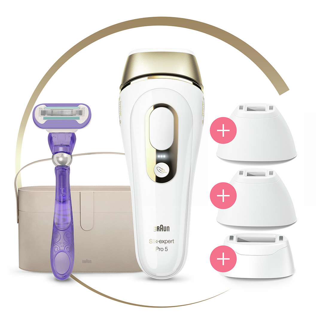 Braun Silk-expert Pro 5 + shaver Venus Extra Smooth + pouch, white/gold - IPL Hair Removal