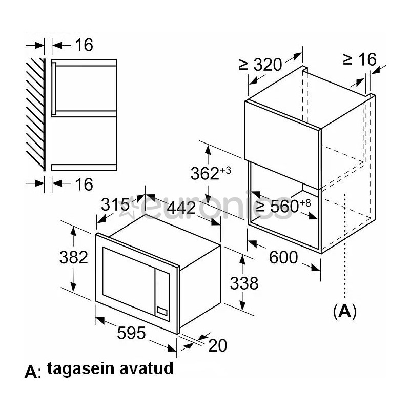 Bosch, 20 л, 800 Вт, нерж. сталь - Интегрируемая микроволновая печь