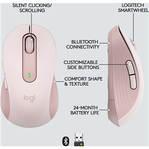 Logitech Signature M650 L, vaikne, roosa - Juhtmevaba optiline hiir