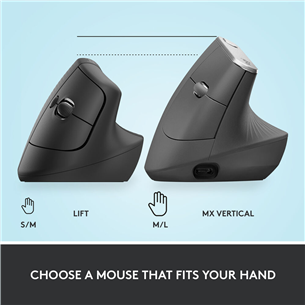 Logitech Lift Vertical Ergonomic Mouse, silent, black - Wireless Optical Mouse