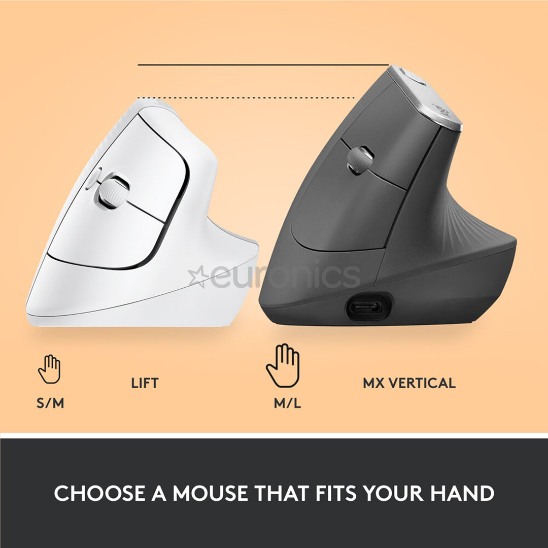 Logitech Lift Vertical Ergonomic Mouse, vaikne, valge - Juhtmevaba optiline hiir
