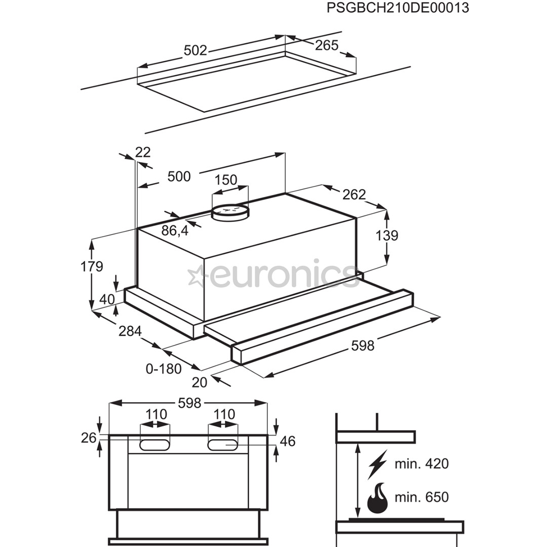 Electrolux, 330 m³/h, laius 59,8 cm, hall - Integreeritav õhupuhasti