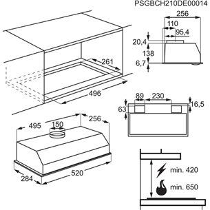 AEG, 330 m³/h, laius 52 cm, hall - Integreeritav õhupuhasti