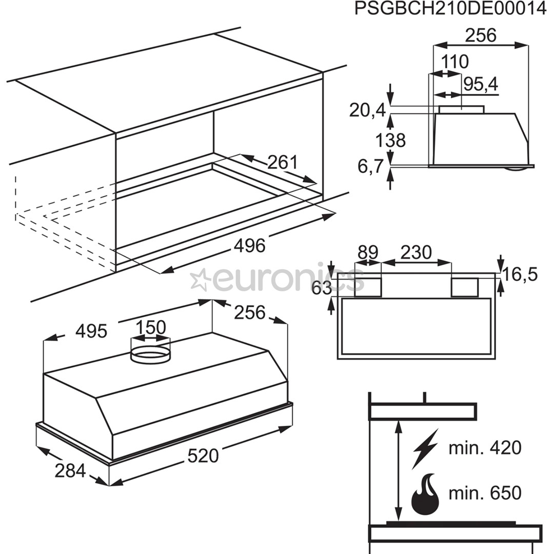 AEG, 330 m³/h, laius 52 cm, hall - Integreeritav õhupuhasti
