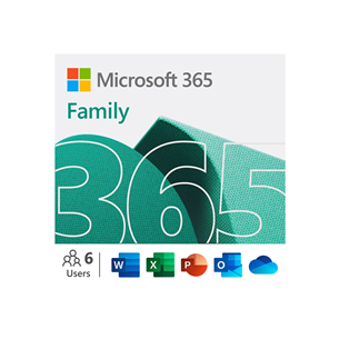 Microsoft 365 Family, 12 kuu tellimus, 6 kasutajat / 5 seadet, 1 TB OneDrive, ENG 6GQ-01556