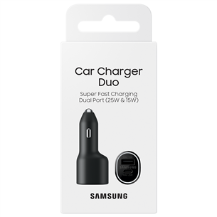 Samsung Duo Car Charger, USB-A, USB-C, 25 W + 15 W, must - Autolaadija