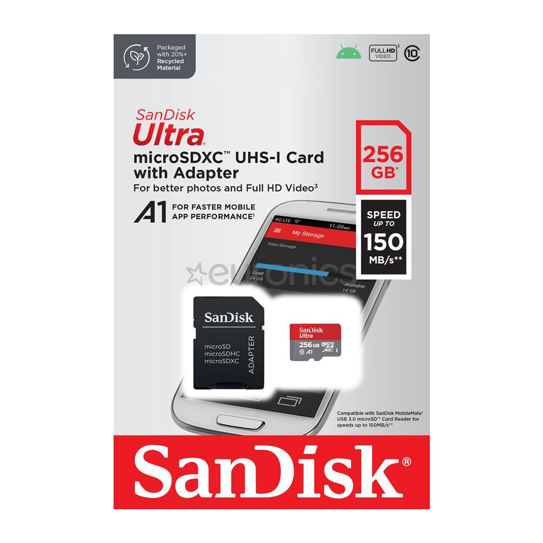 SanDisk Ultra microSDXC, 256 ГБ, серый - Карта памяти MicroSDXC с SD-адаптером