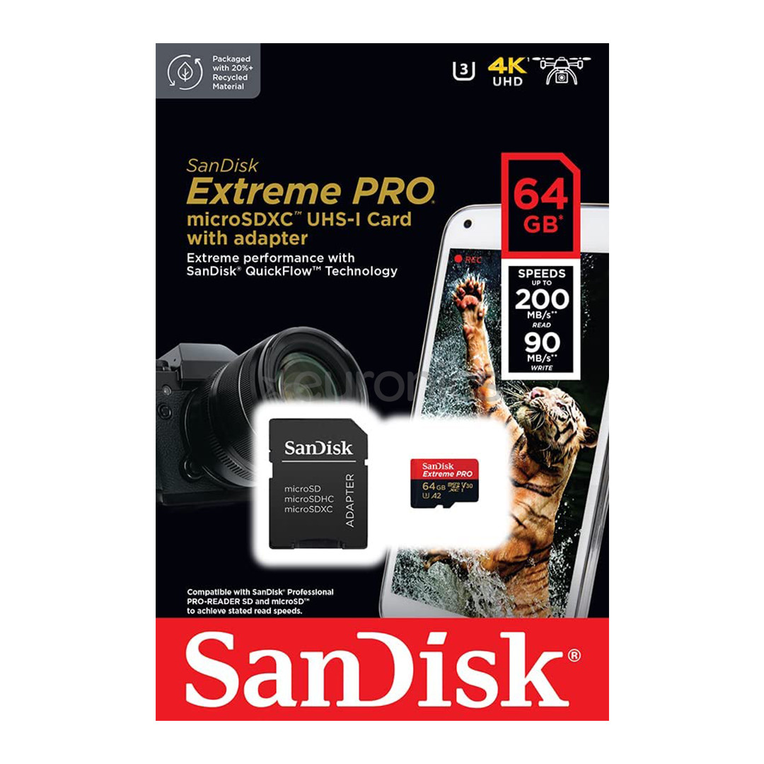 SanDisk Extreme Pro, UHS-I, microSD, 64 GB - Memory card and adapter