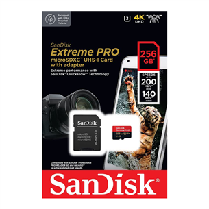 SanDisk Extreme Pro UHS-I, microSD, 256 GB - Mälukaart ja adapter