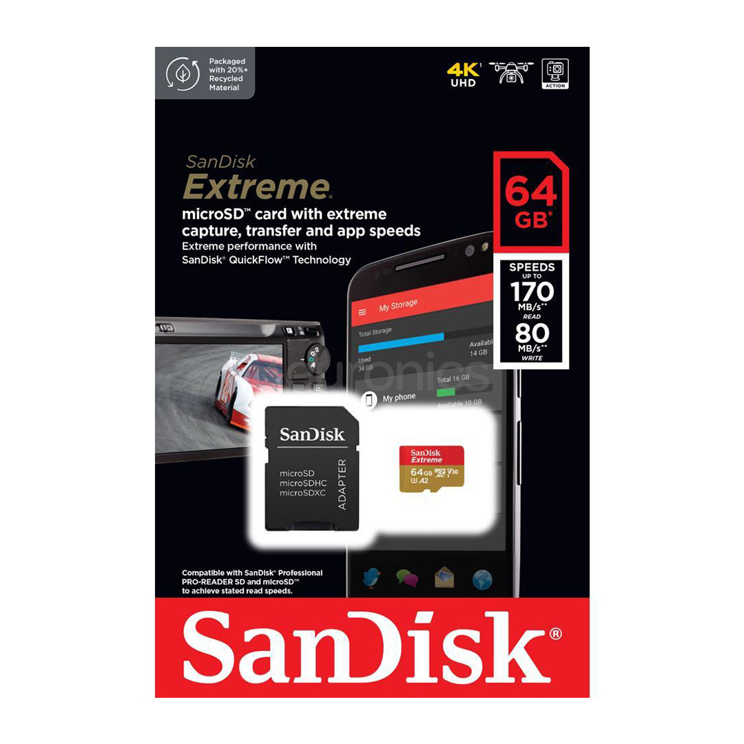 SanDisk Extreme, microSD, 64 GB - Mälukaart ja adapter