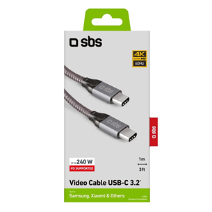 SBS USB-C - USB-C, 240 W, 1 m, hall - Kaabel