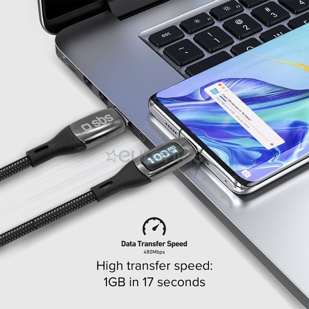 SBS USB-C - USB-C, 100 Вт, LED, 1 м, черный - Кабель