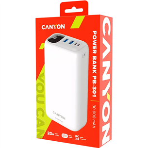 Canyon PB-301, 30 000 mAh, USB-A, USB-C, white - Powerbank