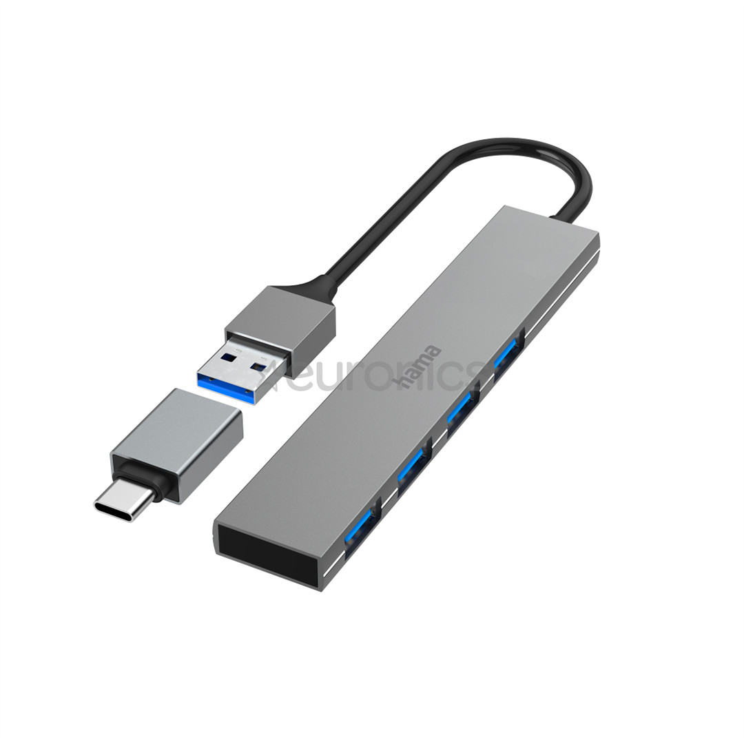 Hama USB Hub, 4x USB 3.2 Gen 1, адаптер USB-C, серый - USB-хаб