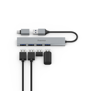 Hama USB Hub, 4x USB 3.2 Gen 1, адаптер USB-C, серый - USB-хаб