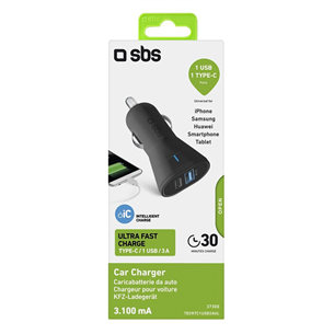 SBS, USB-A, USB-C, 10 W, must - Autolaadija