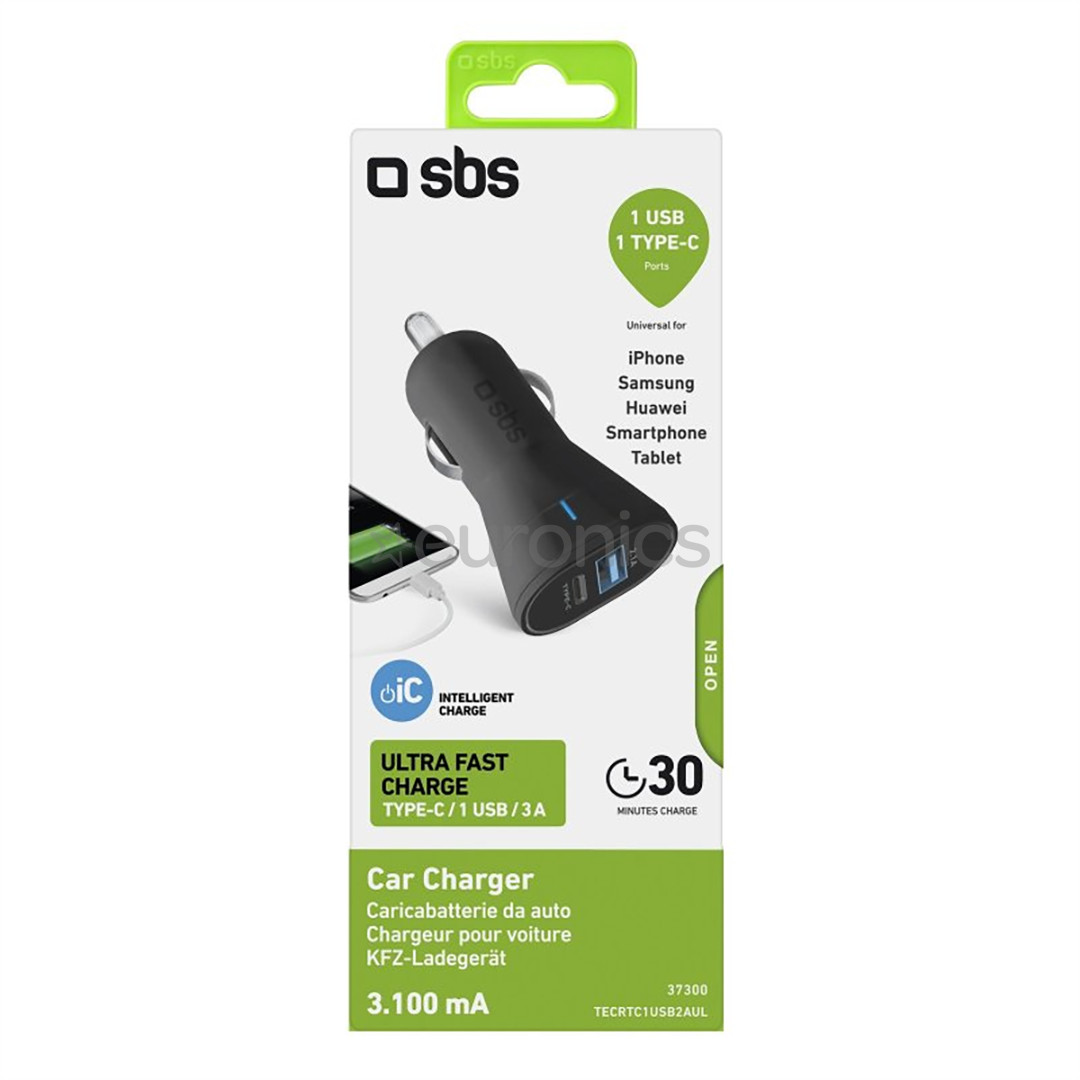 SBS, USB-A, USB-C, 10 W, must - Autolaadija