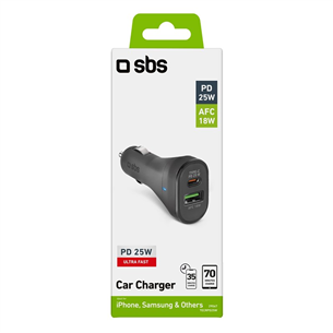 SBS, USB-A, USB-C, 25 W, must - Autolaadija