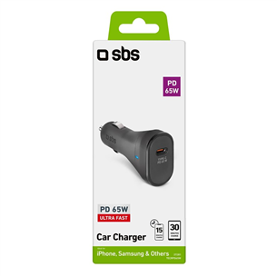SBS, USB-C, 65 W, must - Autolaadija