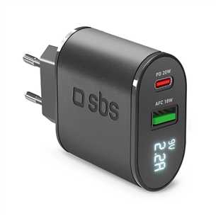 SBS, USB-A, USB-C, LCD, 20 W, black - Wall charger TETREV20PDW