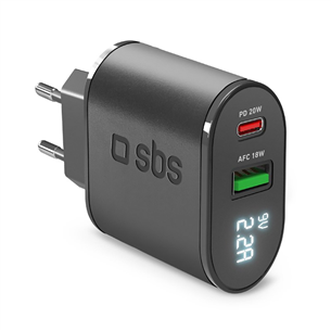 SBS, USB-A, USB-C, LCD, 20 W, black - Wall charger