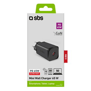 SBS Mini Wall Charger, USB-C, 65 W, must - Vooluadapter