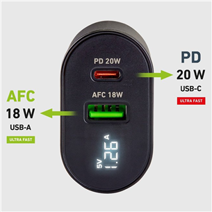 SBS, USB-A, USB-C, LCD, 20 Вт, черный - Адаптер питания