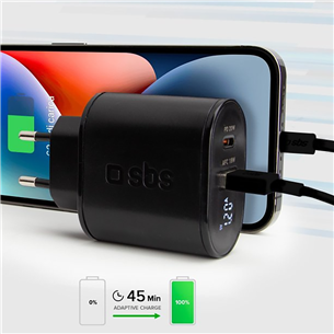 SBS, USB-A, USB-C, LCD, 20 W, black - Wall charger