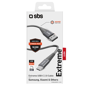 SBS Extreme Charging Cable, USB-A - USB-C, 1,5 m, hall - Kaabel