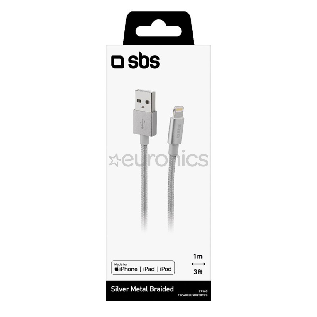 SBS Silver Metal Braided, USB-A - Lightning, hõbe - Kaabel